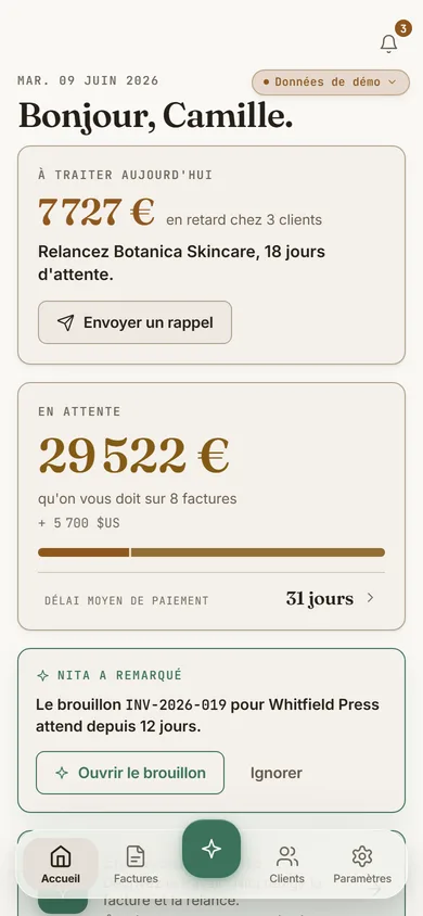 NitaBill sur mobile : une facture r&eacute;dig&eacute;e par Nita, pr&ecirc;te &agrave; envoyer.